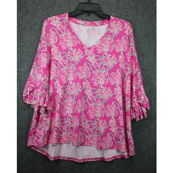 Lulu-B Tops - Lulu B 1X Pink Coral Print Blouse V-Neck 3/4 Sleeve Ruffle Cuff Top